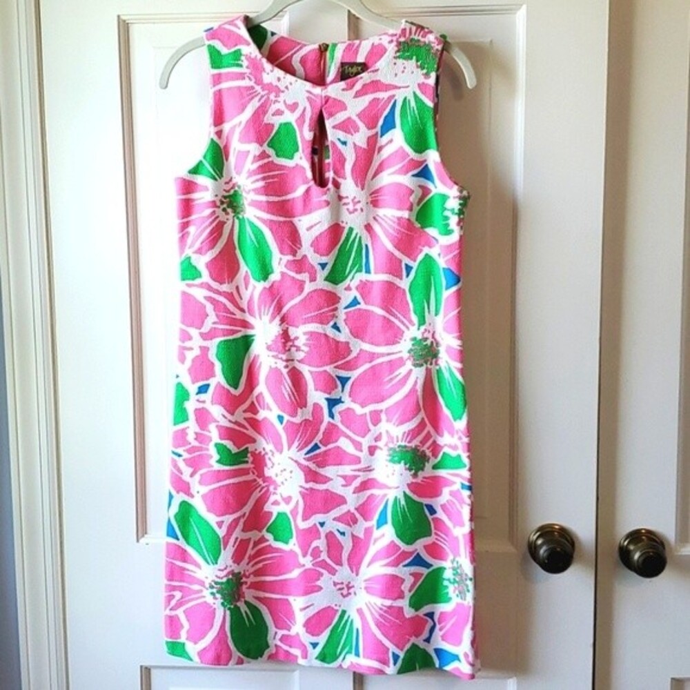 TAYLOR TROPICAL FLORAL COTTON SHEATH DRESS SIZE 6 PINK GREEN PREPPY BRIGHT